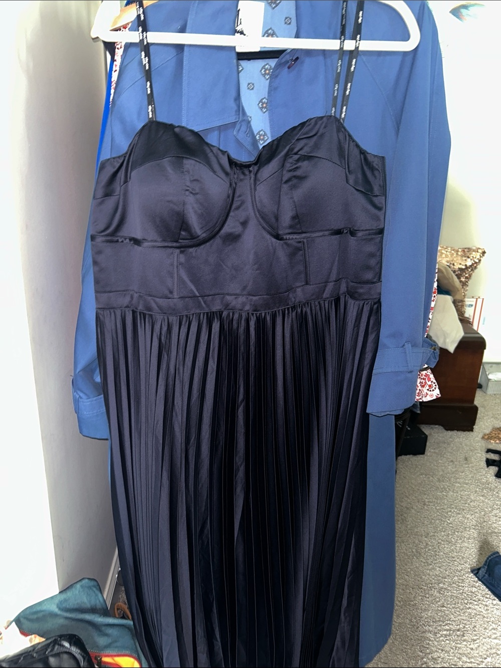 City Chic Strapless Pleated Satin Dress in Navy